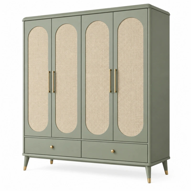 Kleiderschrank 120 x 50 x 180 cm Holzwerkstoff Salbeigrün mit Rattangeflecht und 4 Türen
