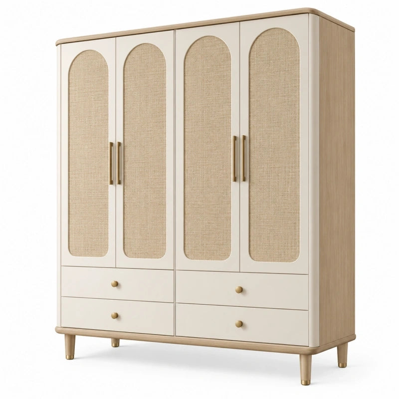 Kleiderschrank 160 x 55 x 200 cm aus Holzwerkstoff in Creme und Naturholz mit Geflechteinsätzen