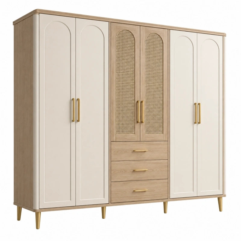 Kleiderschrank 180 x 55 x 200 cm Holzoptik Beige mit Rattanoptik und 6 Türen
