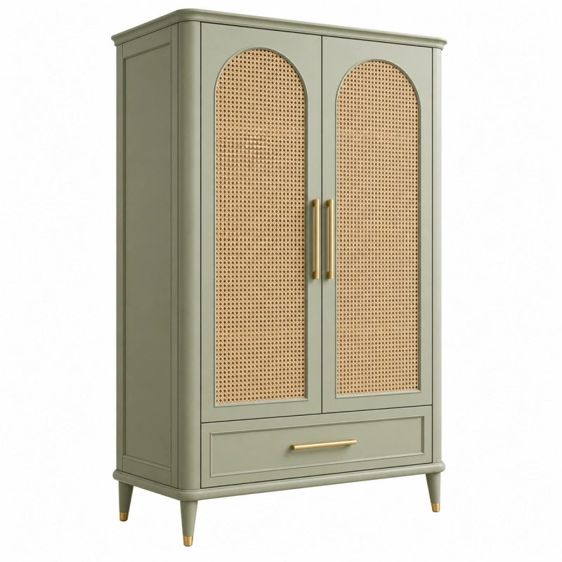 Kleiderschrank 100 x 50 x 190 cm Grün Holz Rattan mit Schublade