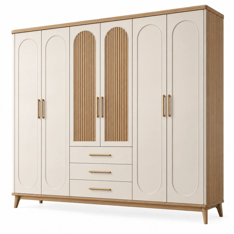 Kleiderschrank 240 x 60 x 200 cm Holzwerkstoff Creme/Natur mit 6 Türen und 3 Schubladen im modernen Stil