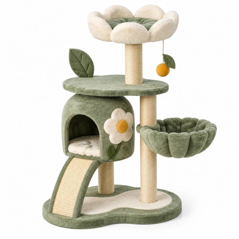 Katzenkratzbaum 60 x 50 x 120 cm aus Plüsch und Sisal in Grün Beige mit Höhle Liegeflächen und Kratzrampe