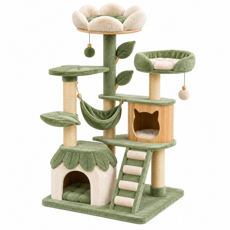 Katzenkratzbaum 60 x 60 x 160 cm Grün Beige aus Plüsch Sisal und Holz mit Höhlen Hängematte und Liegeflächen
