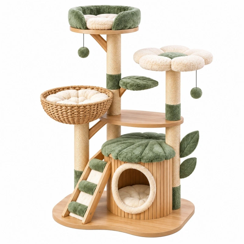 Kratzbaum 80 x 60 x 150 cm aus Holz Sisal und Plüsch in Grün Beige mit Liegeflächen