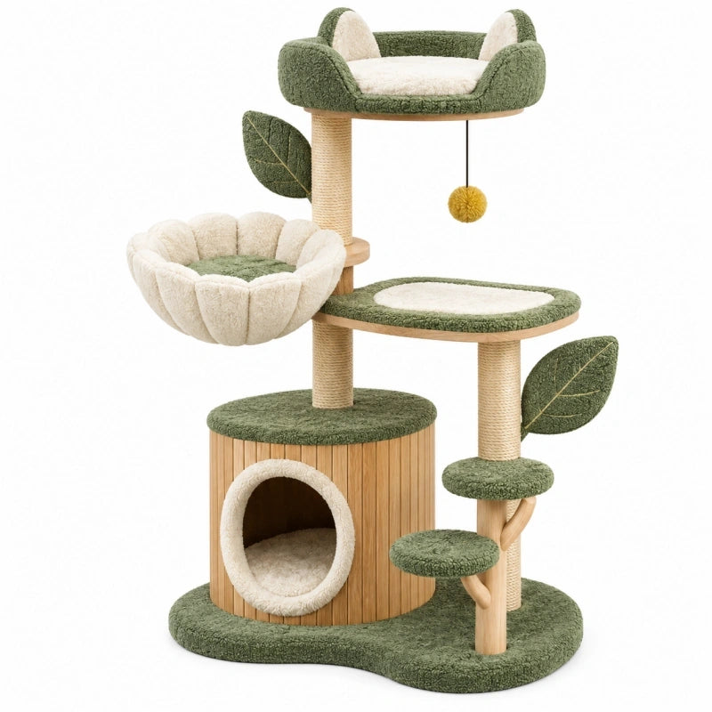 Kratzbaum 60 x 50 x 150 cm Grün Creme Sisal Holz mit Höhlen Liegeflächen