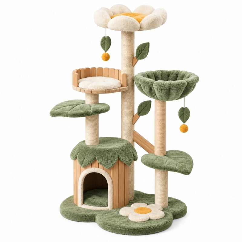 Kratzbaum 60 x 60 x 145 cm Grün Beige aus Holz Plüsch und Sisal mit Katzenhöhle Liegeflächen und Spielbällen