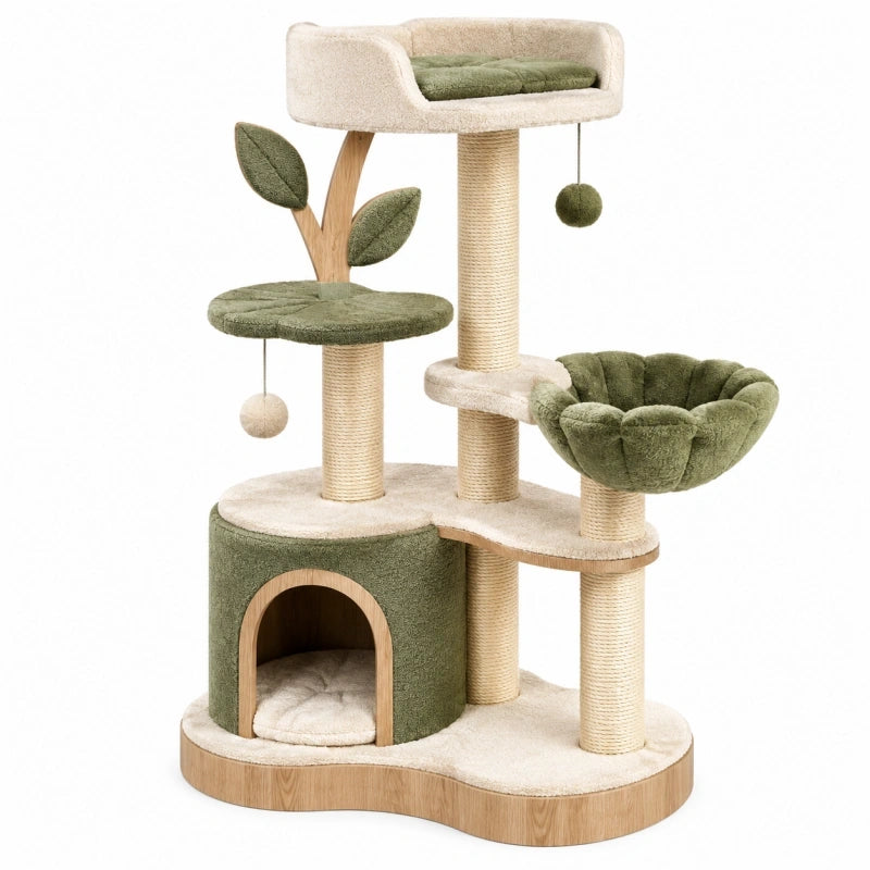 Katzenkratzbaum 60 x 50 x 135 cm Beige Grün mit Sisal und Plüsch - Kletterbaum mit Höhle Liegeflächen und Spielbällen