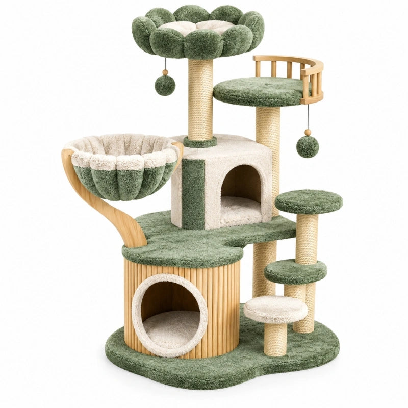 Kratzbaum 90 x 60 x 150 cm aus Sisal und Plüsch Grün Beige mit Höhlen Liegeflächen