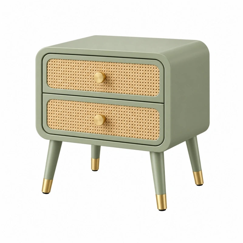 Nachttisch 45 x 35 x 55 cm aus Holz und Rattan Grün mit 2 Schubladen Retro