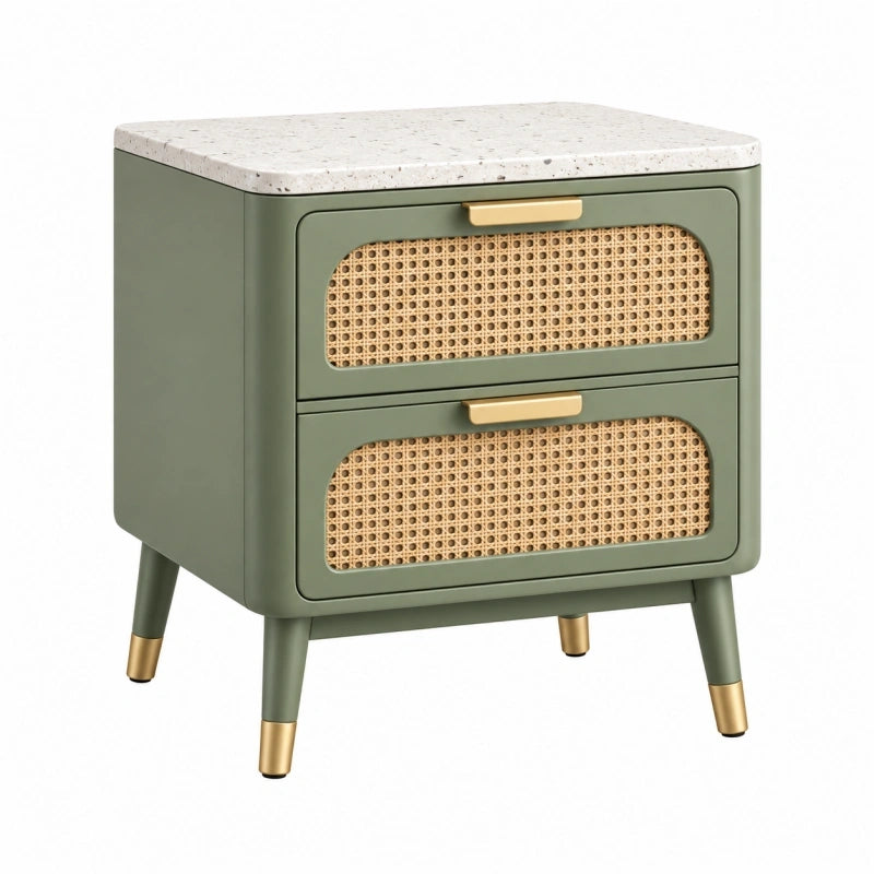 Nachttisch 50 x 40 x 60 cm aus Holzwerkstoff Grün mit Rattanfronten und Steinoptikplatte im Retro-Stil