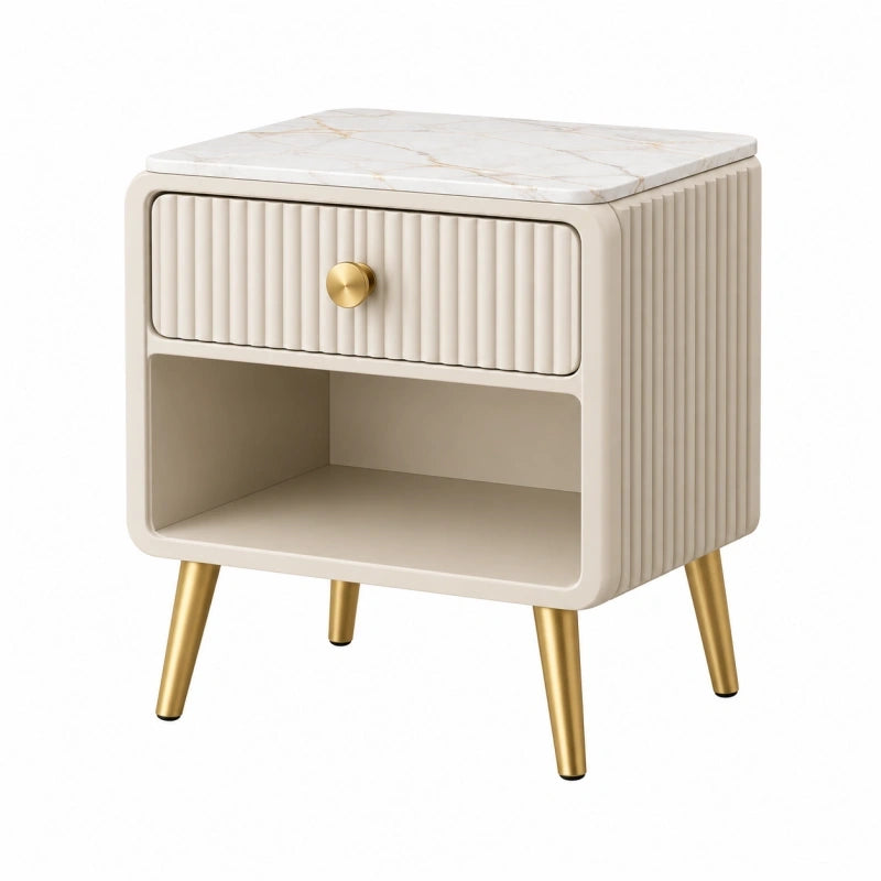 Nachttisch 45 x 40 x 55 cm in Creme mit Schublade Marmoroptik und Metallfüßen
