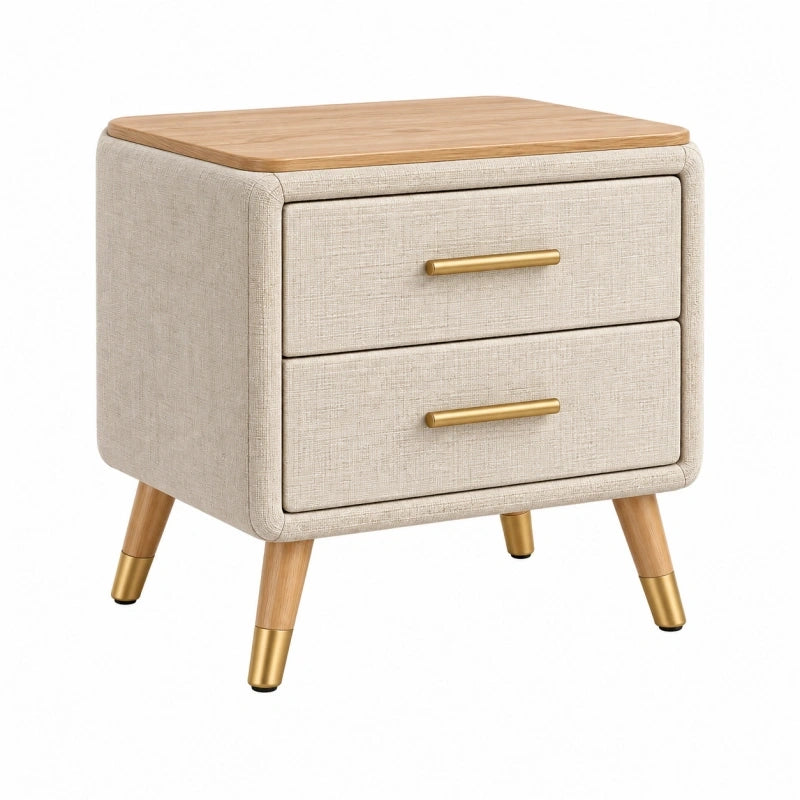 Nachttisch 50 x 40 x 60 cm Beige Stoff Holzoberfläche mit 2 Schubladen