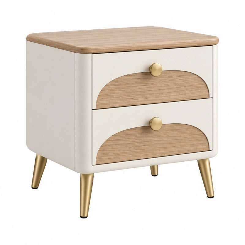 Nachttisch 45 x 40 x 55 cm aus Holzwerkstoff in Elfenbein Naturholz Gold mit 2 Schubladen im Retro-Stil