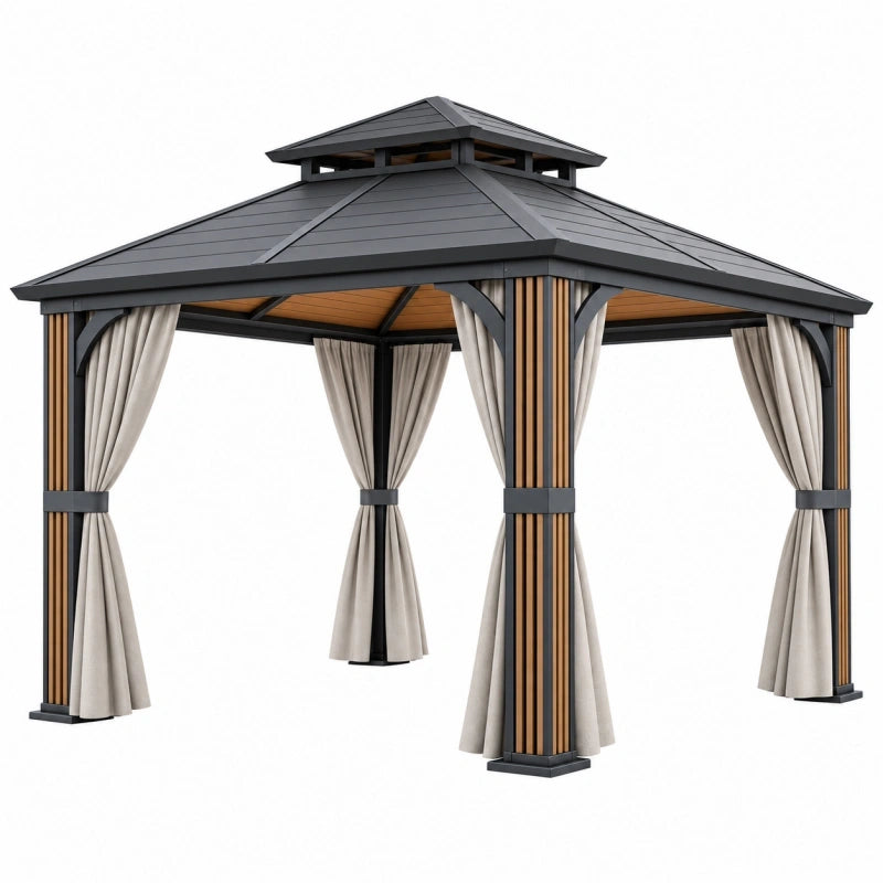 Gartenpavillon 300 x 300 x 300 cm Metall Holzoptik Anthrazit mit Vorhängen