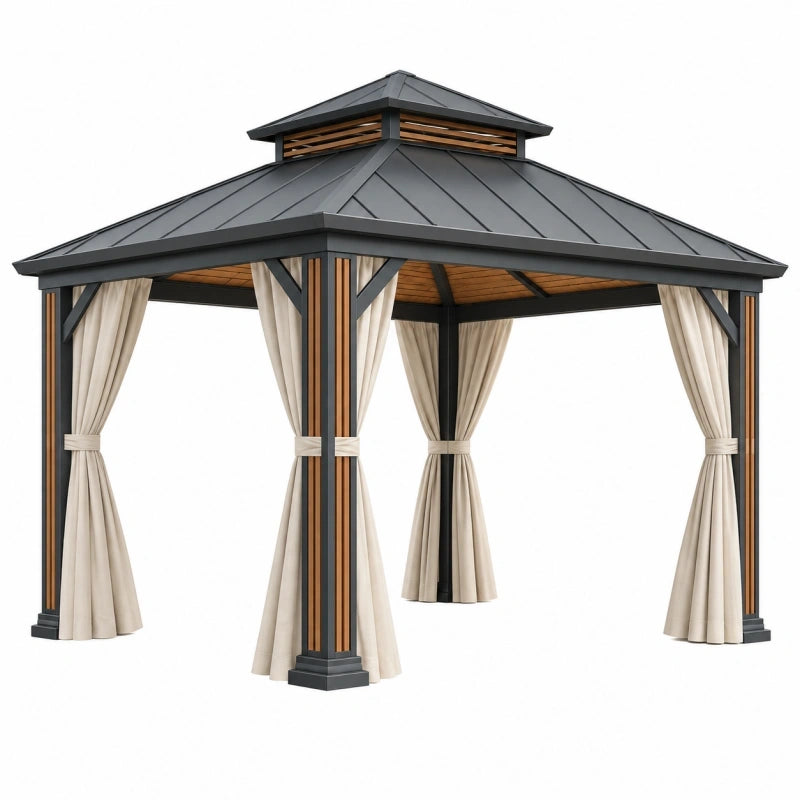 Pavillon 300 x 300 x 300 cm aus Metall in Schwarz Beige mit Vorhängen für Garten und Terrasse
