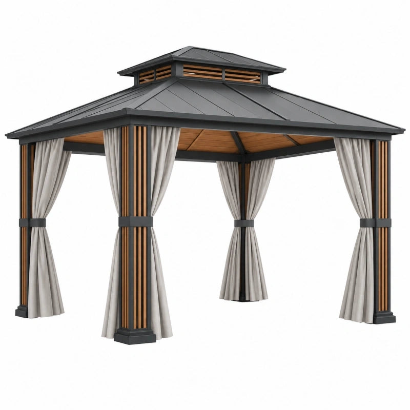 Pavillon 300 x 300 x 300 cm Metall Schwarz Braun mit Vorhängen