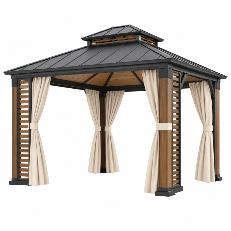 Pavillon 300 x 300 x 300 cm mit Metallrahmen schwarzem Dach Holzoptik und beigefarbenen Vorhängen