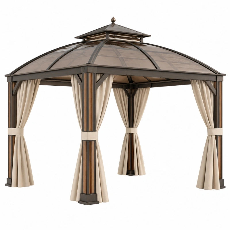Gartenpavillon 300 x 300 x 280 cm Metall Braun mit Vorhängen und Polycarbonatdach