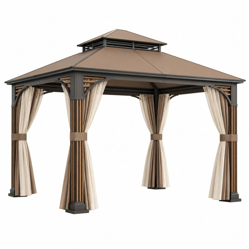 Pavillon 300 x 300 cm Metall Beige mit Vorhängen und Dachlüftung für Garten