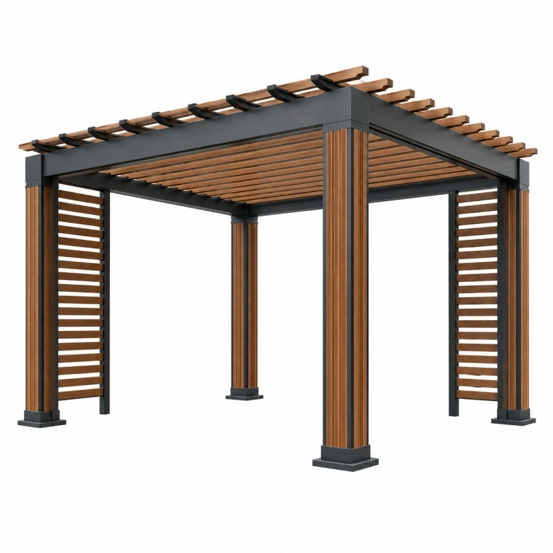 Gartenpergola 300 x 300 x 240 cm Aluminium Schwarz Braun mit Lamellendach und Sichtschutz