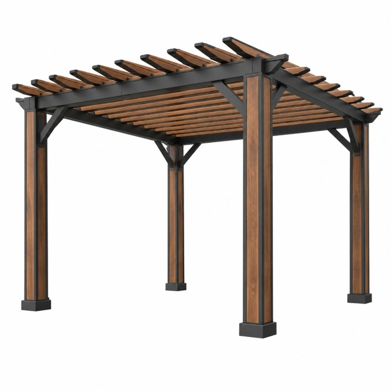 Pergola 300 x 300 x 230 cm Aluminium Holzoptik Braun Schwarz Lamellendach für Garten