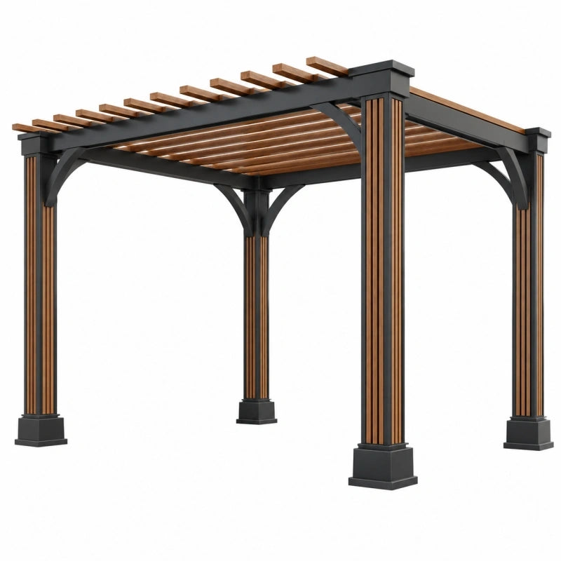 Pergola 300 x 300 x 250 cm aus Metall und Holz in Schwarz/Braun mit Lamellendach