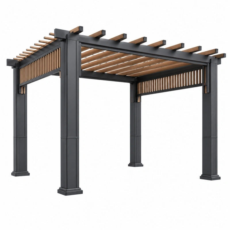 Pergola 300 x 300 x 240 cm aus Aluminium Schwarz/Braun mit Lamellendach für Garten und Terrasse