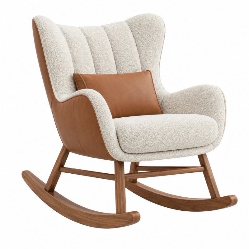 Schaukelstuhl 105 x 78 x 92 cm Bouclé Stoff Holz Braun Creme mit hoher Rückenlehne