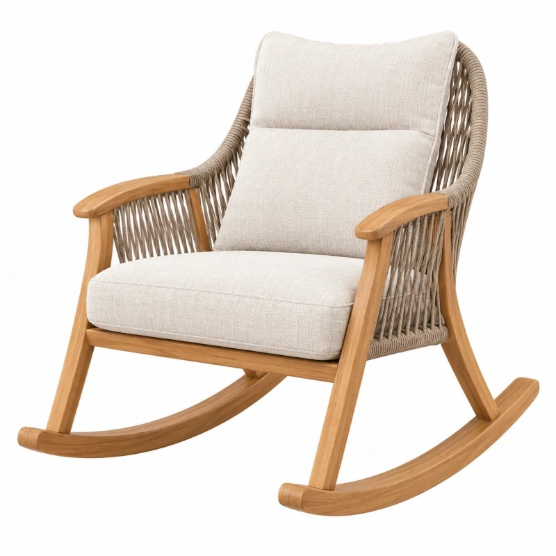Schaukelstuhl 100 x 75 x 95 cm aus Holz mit Seilgeflecht in Naturbraun und Beige