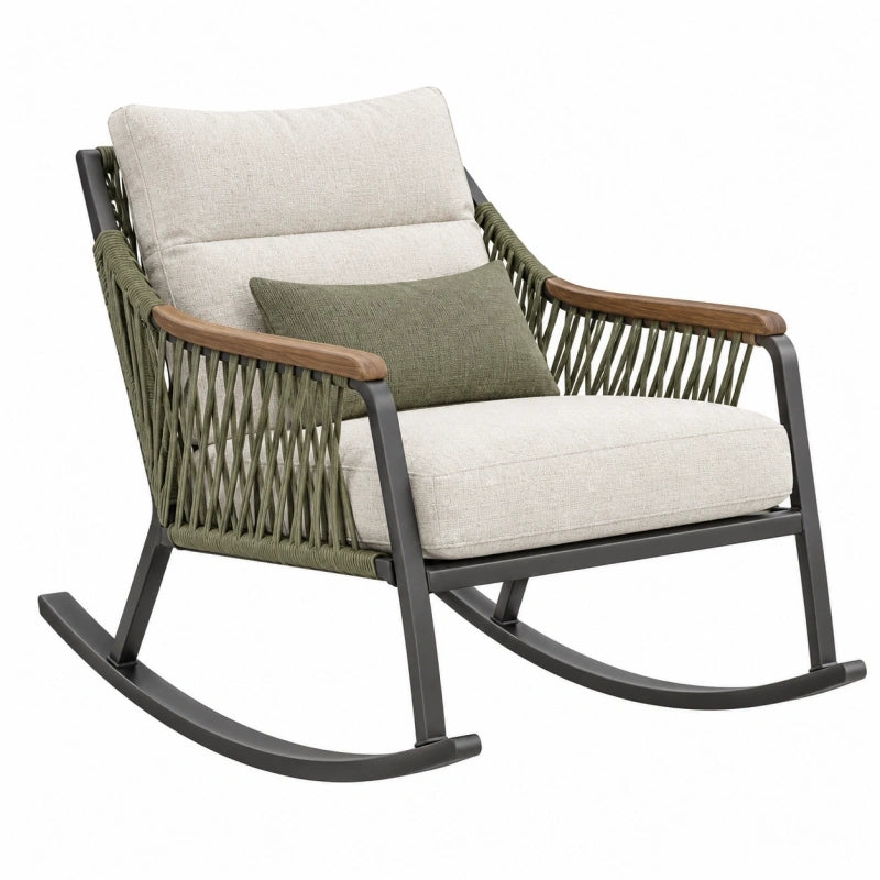 Gartenschaukelstuhl 85 x 90 x 98 cm aus Metall Seilgeflecht Beige Olivgrün mit Holzarmlehnen
