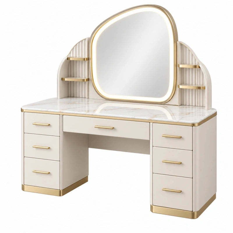 Schminktisch 120 x 45 x 145 cm Weiß Gold mit Spiegel Holzwerkstoff moderner Frisiertisch mit Schubladen