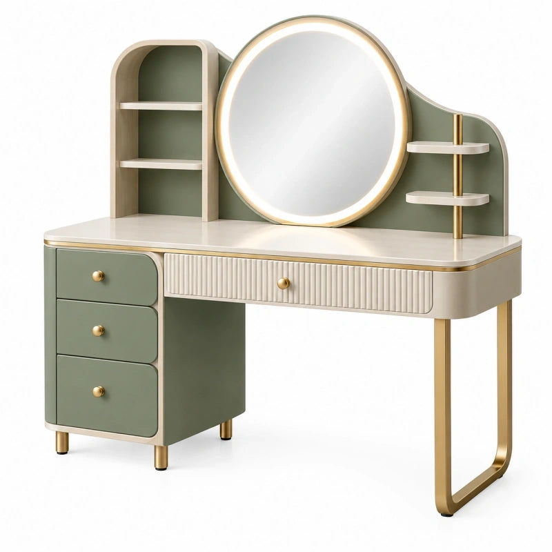 Schminktisch 100 x 45 x 140 cm mit Spiegel Schubladen und Ablagen Grün Creme Gold
