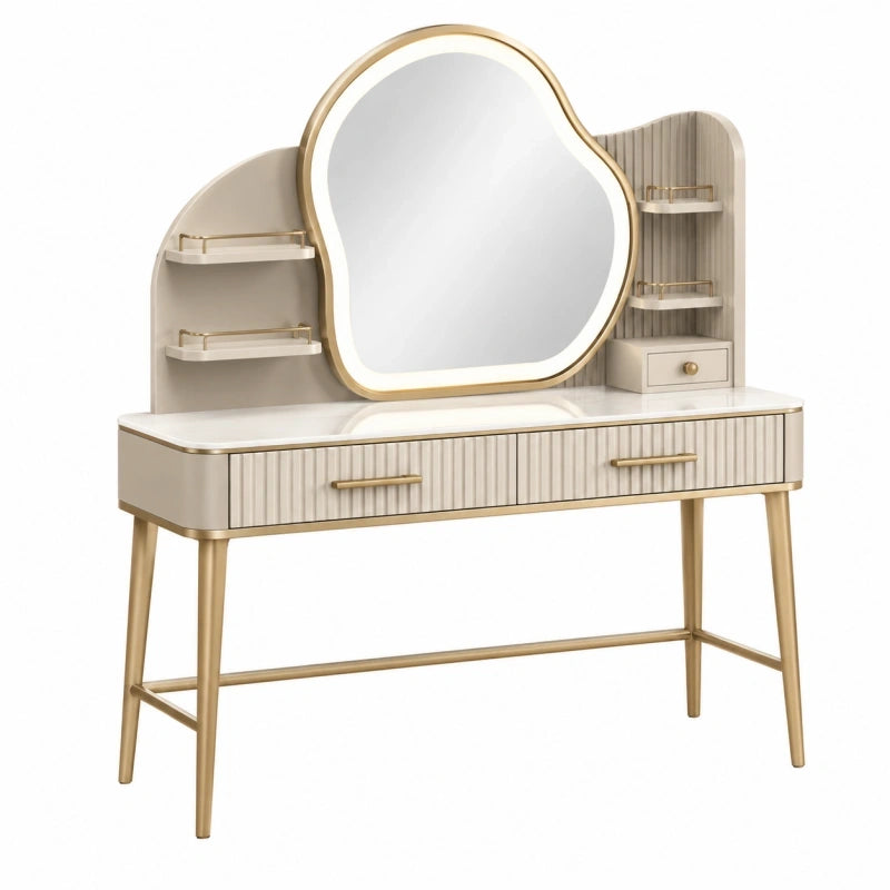 Schminktisch 120 cm Cremeweiß Gold mit Spiegel Stauraum und Metallgestell