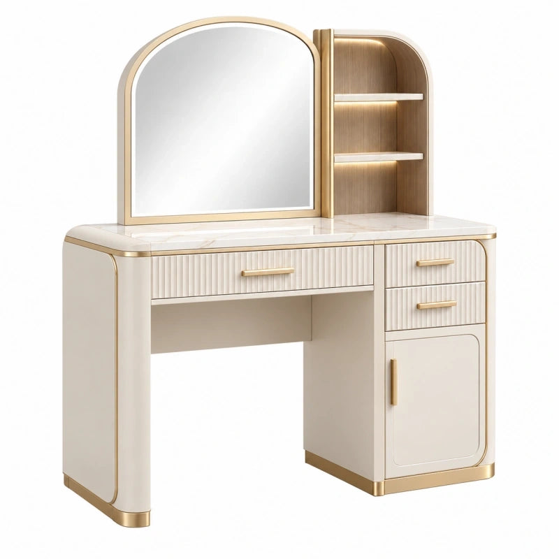 Schminktisch 120 cm Cremeweiß Gold mit Spiegel Stauraum und Beleuchtung